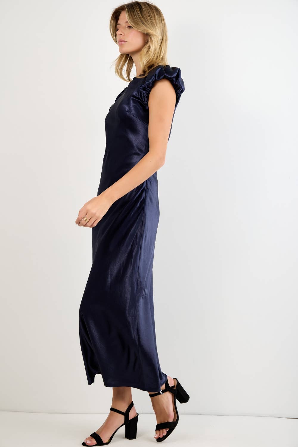 SATIN CAP SLEEVE MIDI DRESS