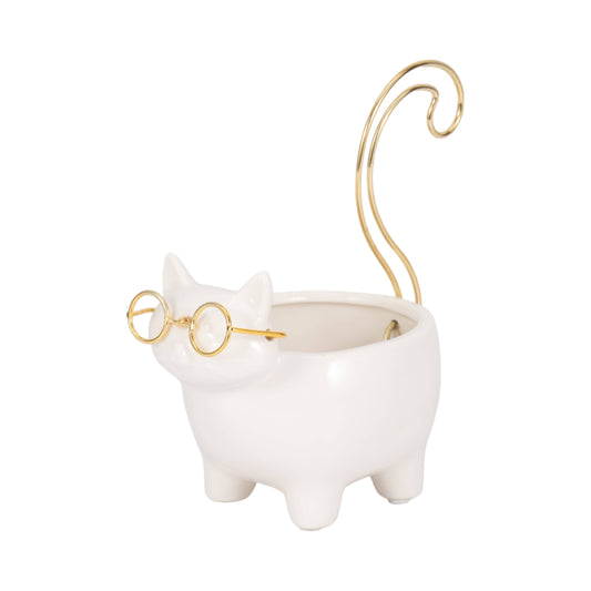 White/Gold 6 in. Ceramic Boho Kitty Trinket Dish