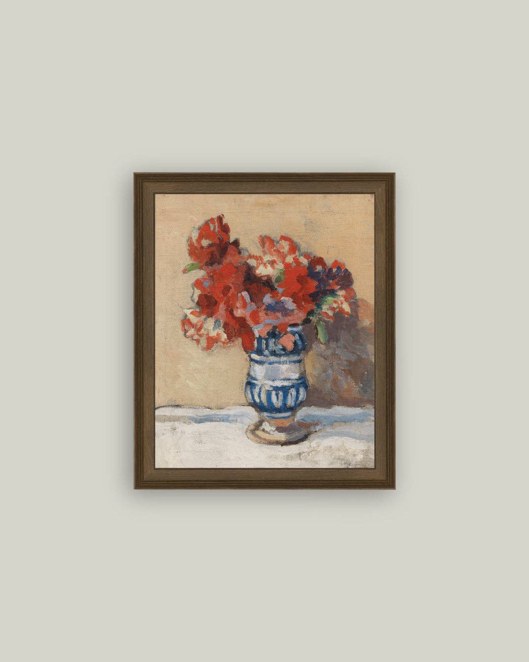 Red Flowers in Blue Vase Framed Antique Art
