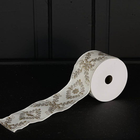 R32928-Wired Ribbon-Cream Burlap with leaves (2.5inW)