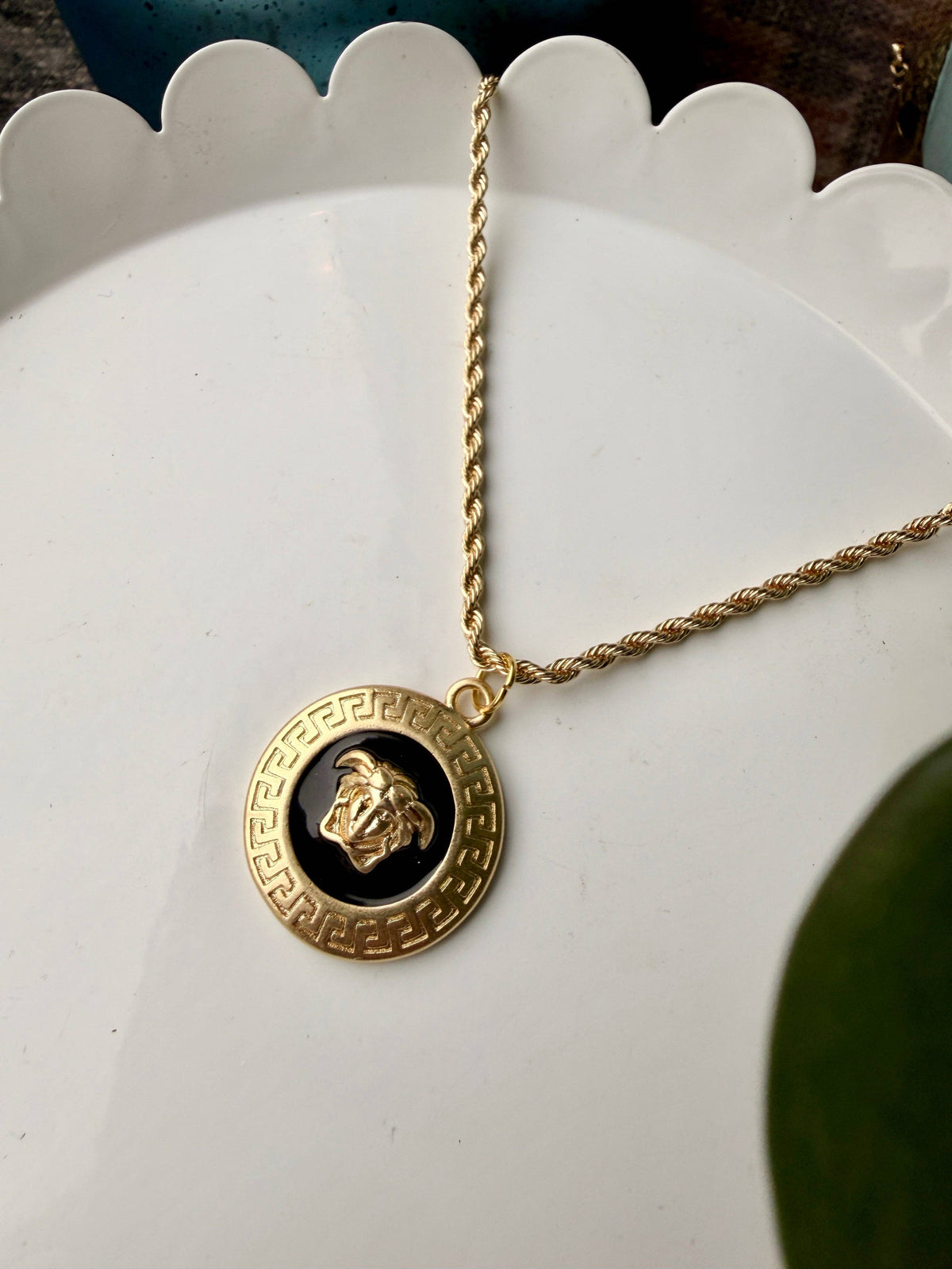 Upcycled Versace Gold & Black Pendant Necklace