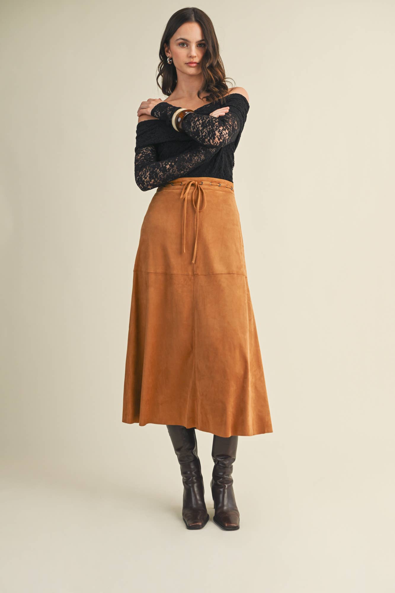 DRAWSTRING SUEDE A-LINE SKIRT