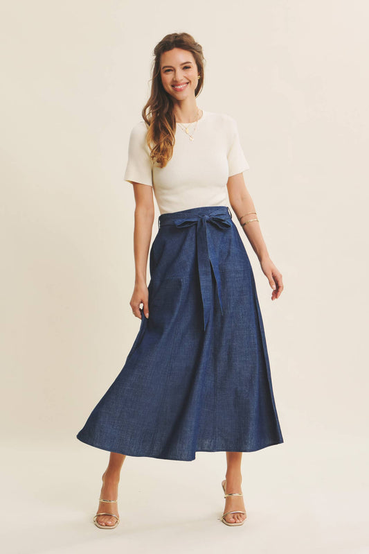 EFFORTLESS MIX OF COZY AND POLISHED TWOFER DENIM DRESS
