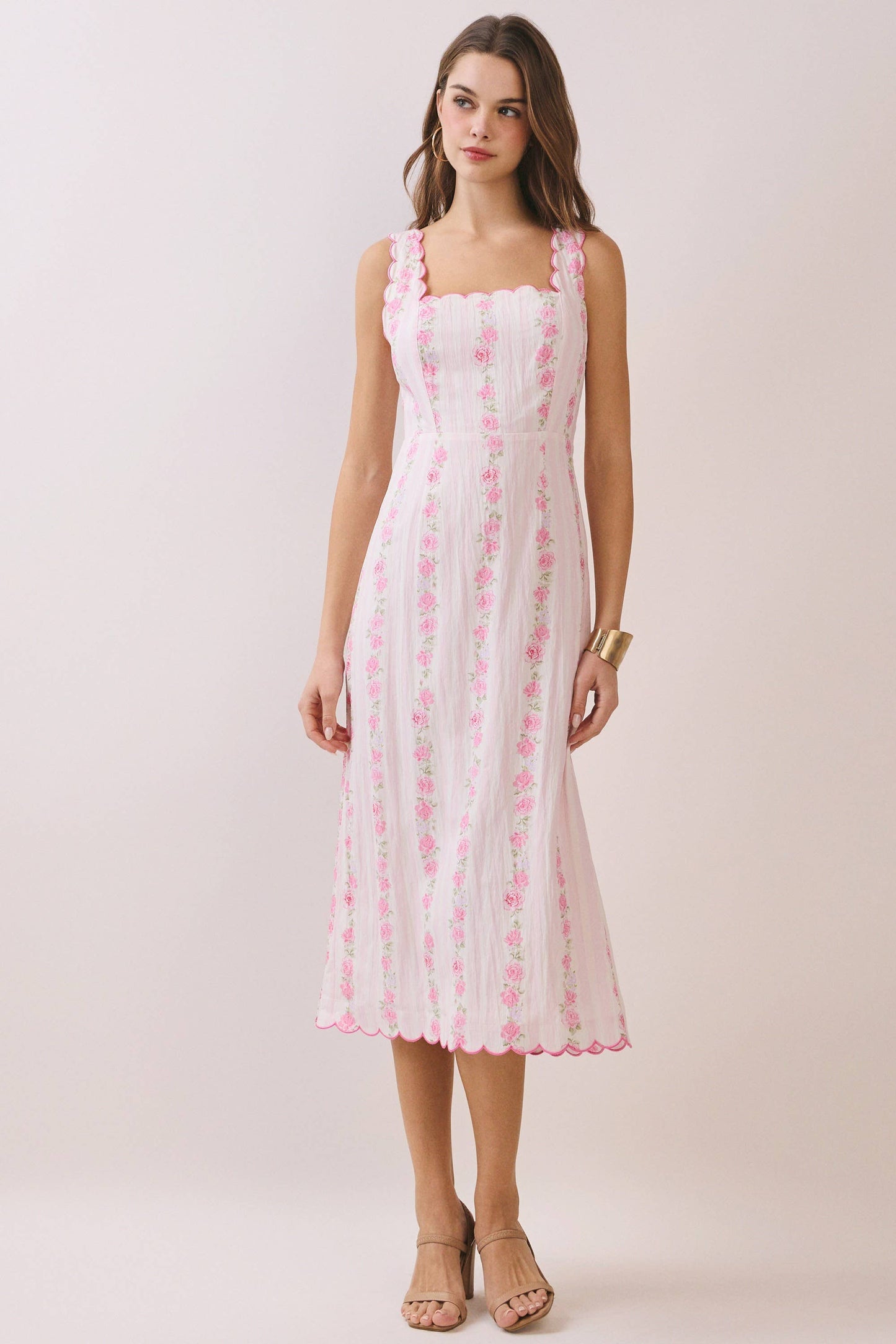 Pink Floral Stripe Scalloped Midi Dress