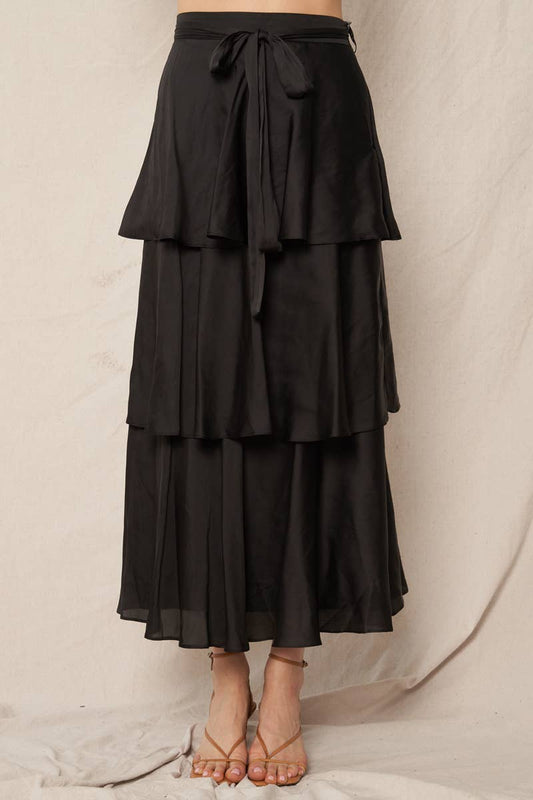 Belted Satin Tiered Midi Skirt - Black