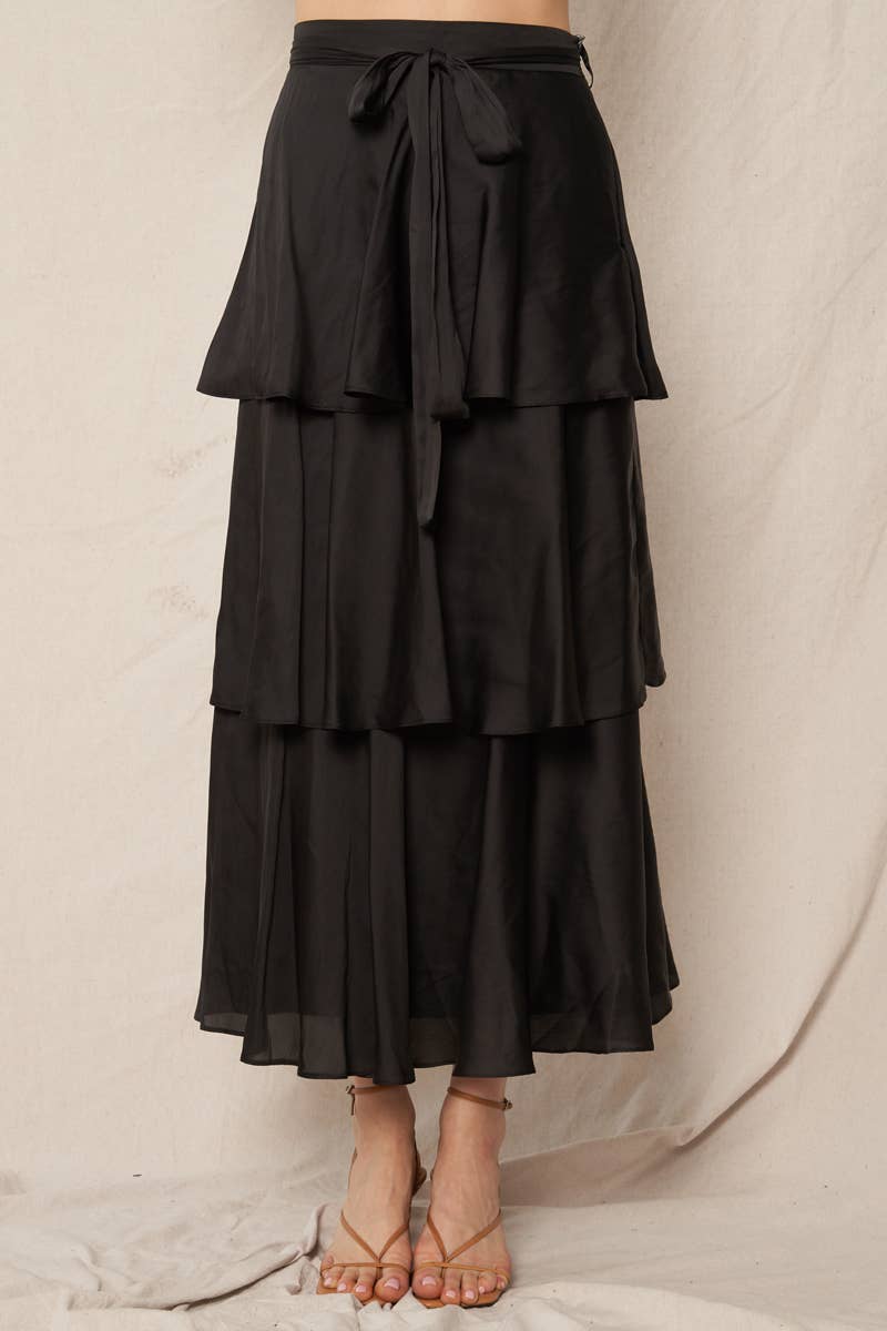 Belted Satin Tiered Midi Skirt - Black