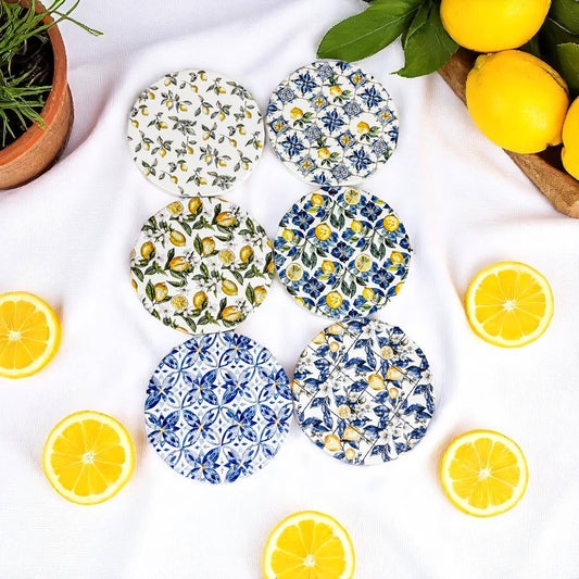 Mediterranean Lemon Coasters | Coastal Blue & Yellow Accents