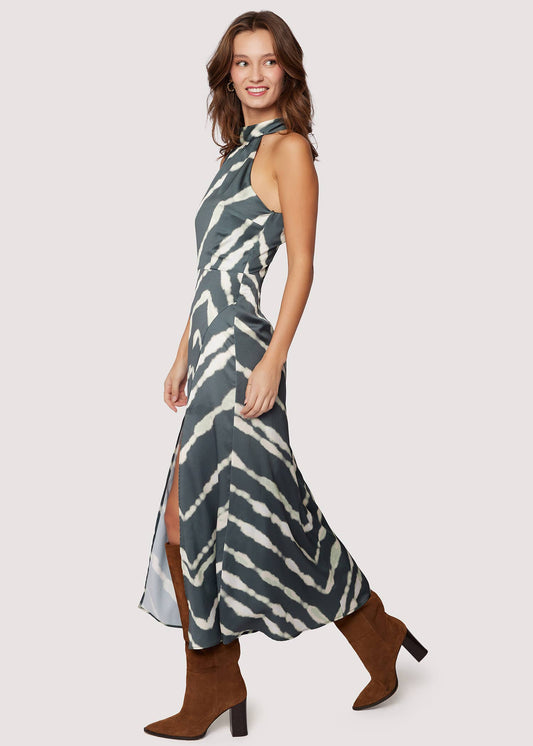 Serra Elisa Maxi Dress - Satin Fall Stripe Slit Halter Neck
