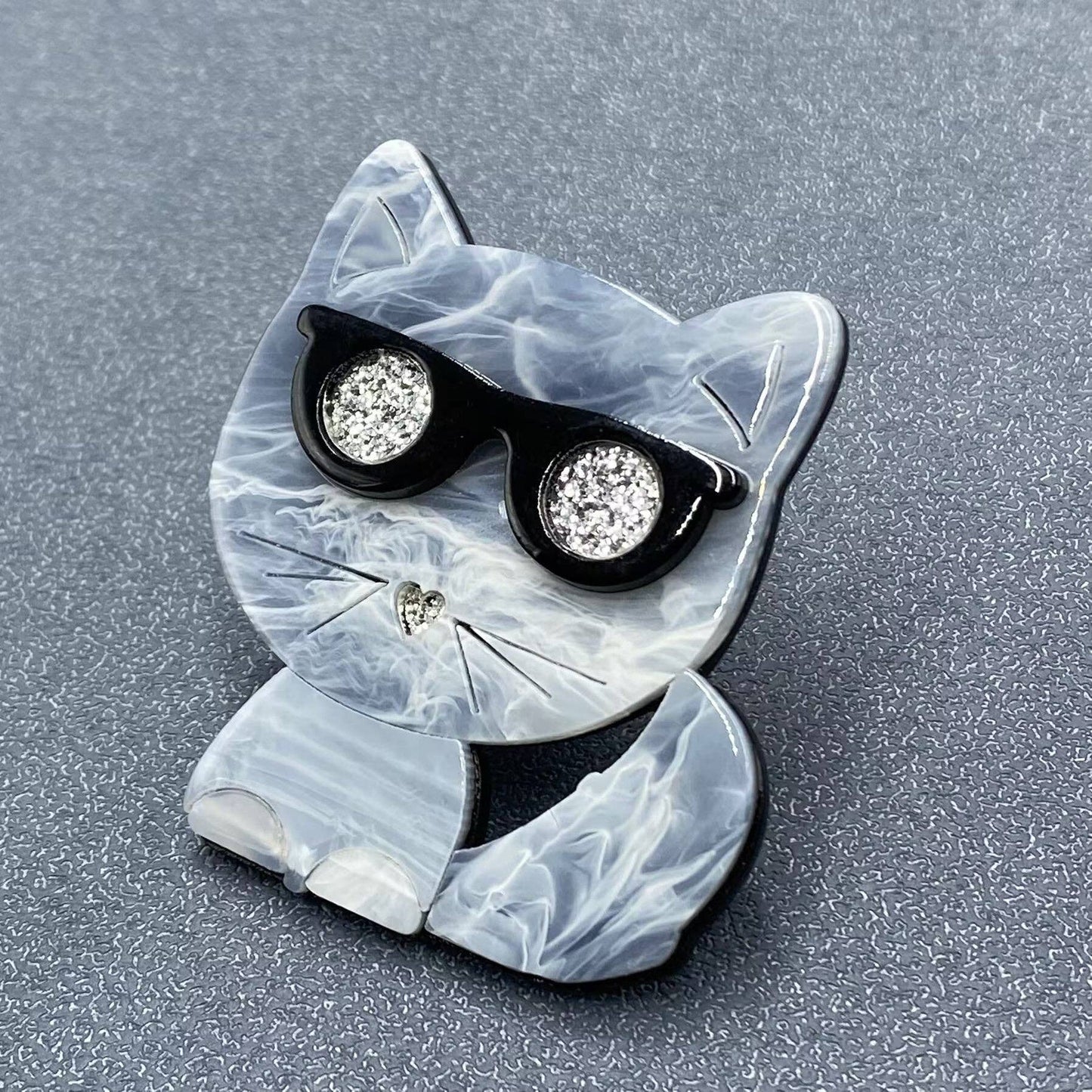 Grey Cat with Glasses Acrylic Brooch