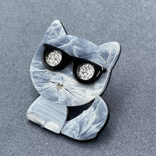 Grey Cat with Glasses Acrylic Brooch