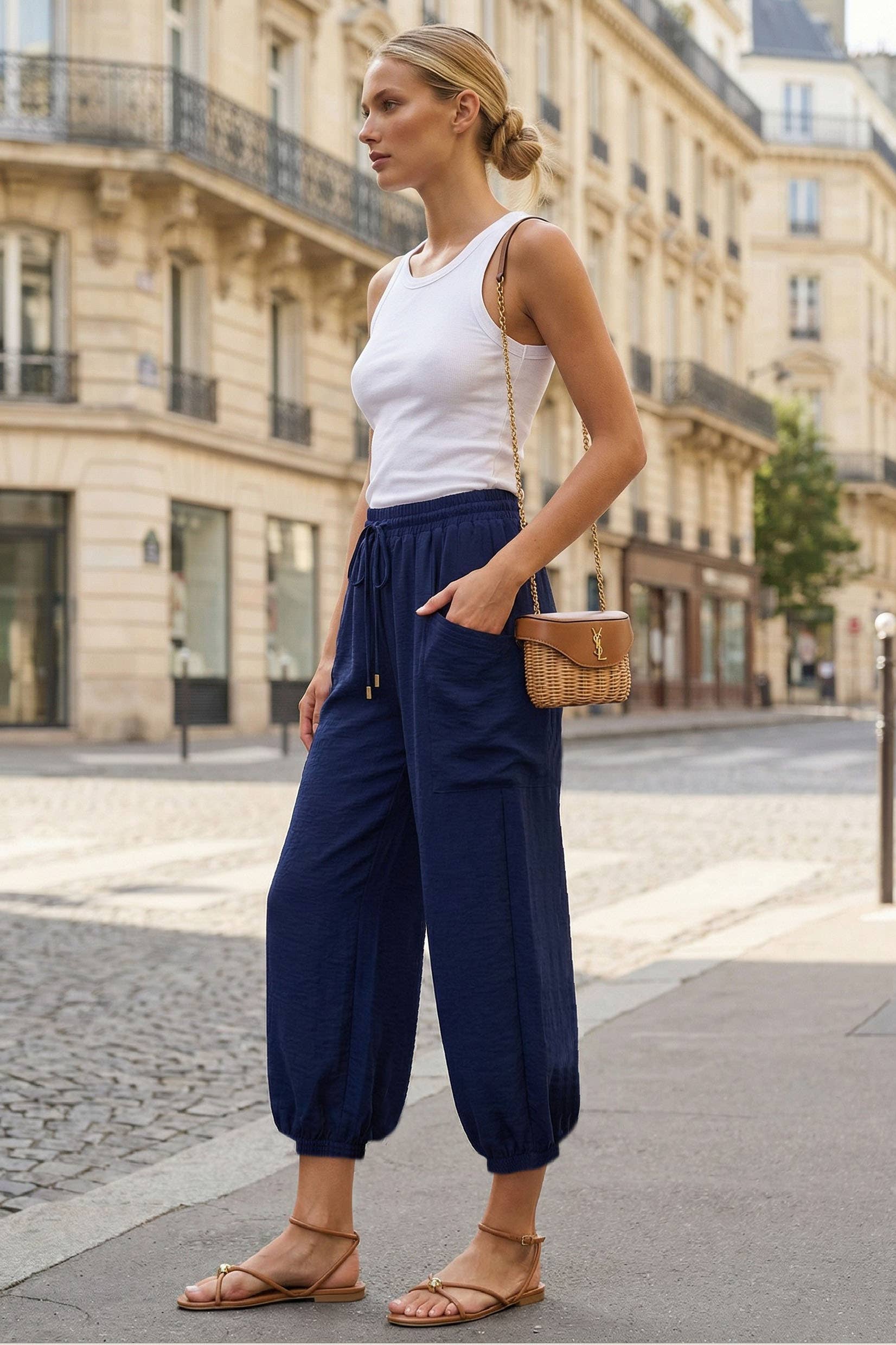 Navy relaxed harem pants with drawstring waist and loose tapered legs