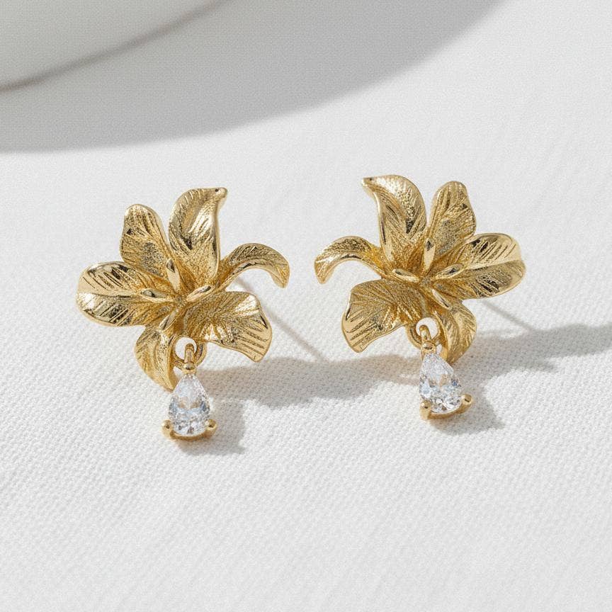 Cubic Zirconia Three-Dimensional Flower Stud Earrings