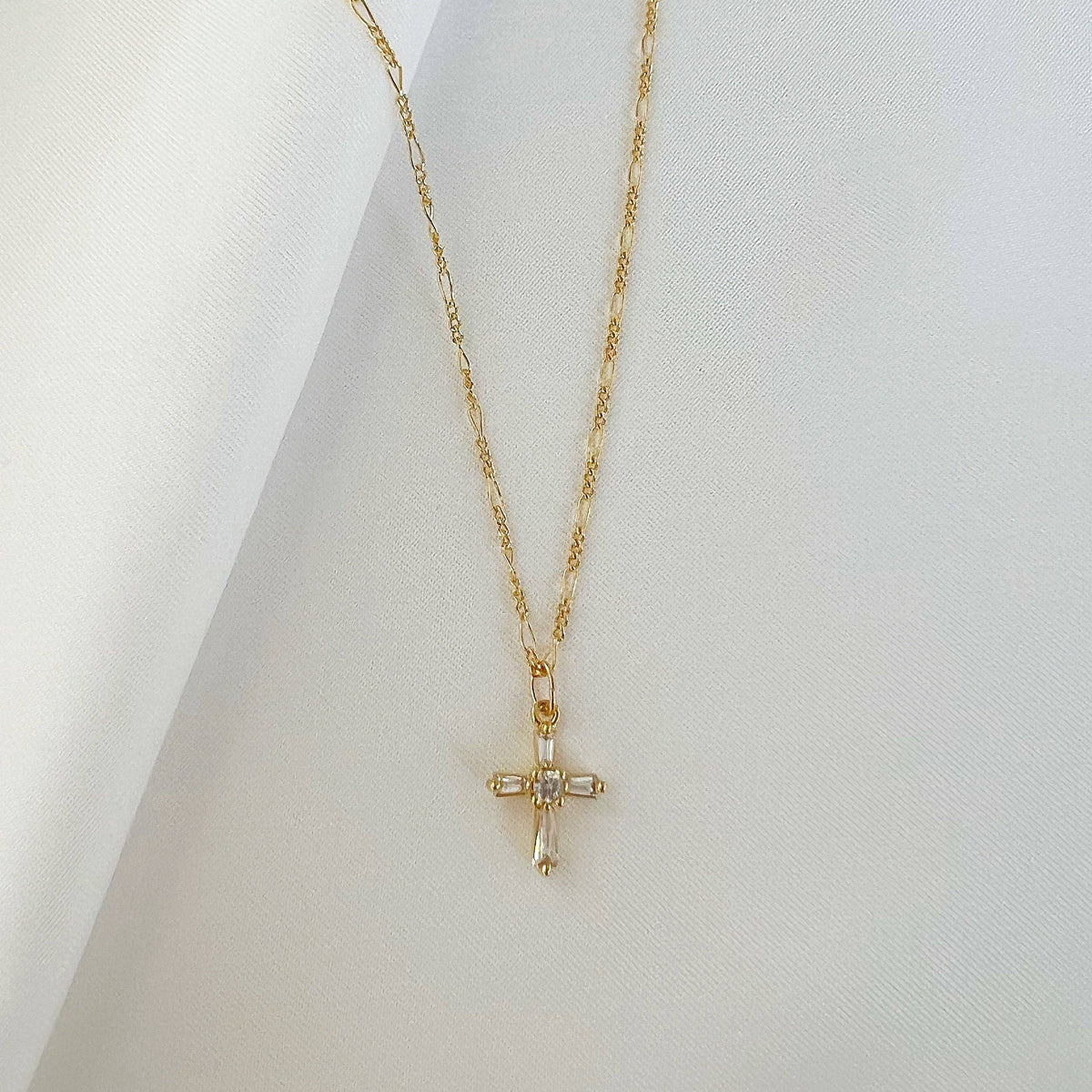 Petite CZ Cross Pendant Necklace Gold Filled
