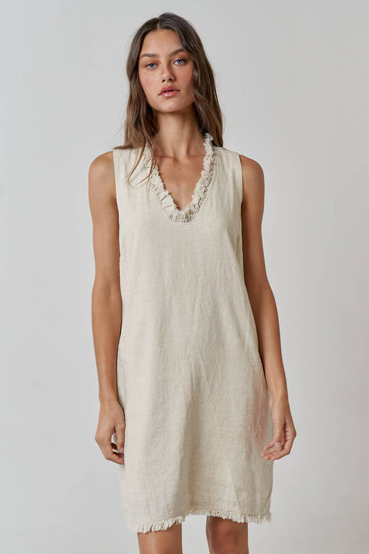 ILD3487 LINEN FRAYED V-NECK SLEEVELESS MINI DRESS
