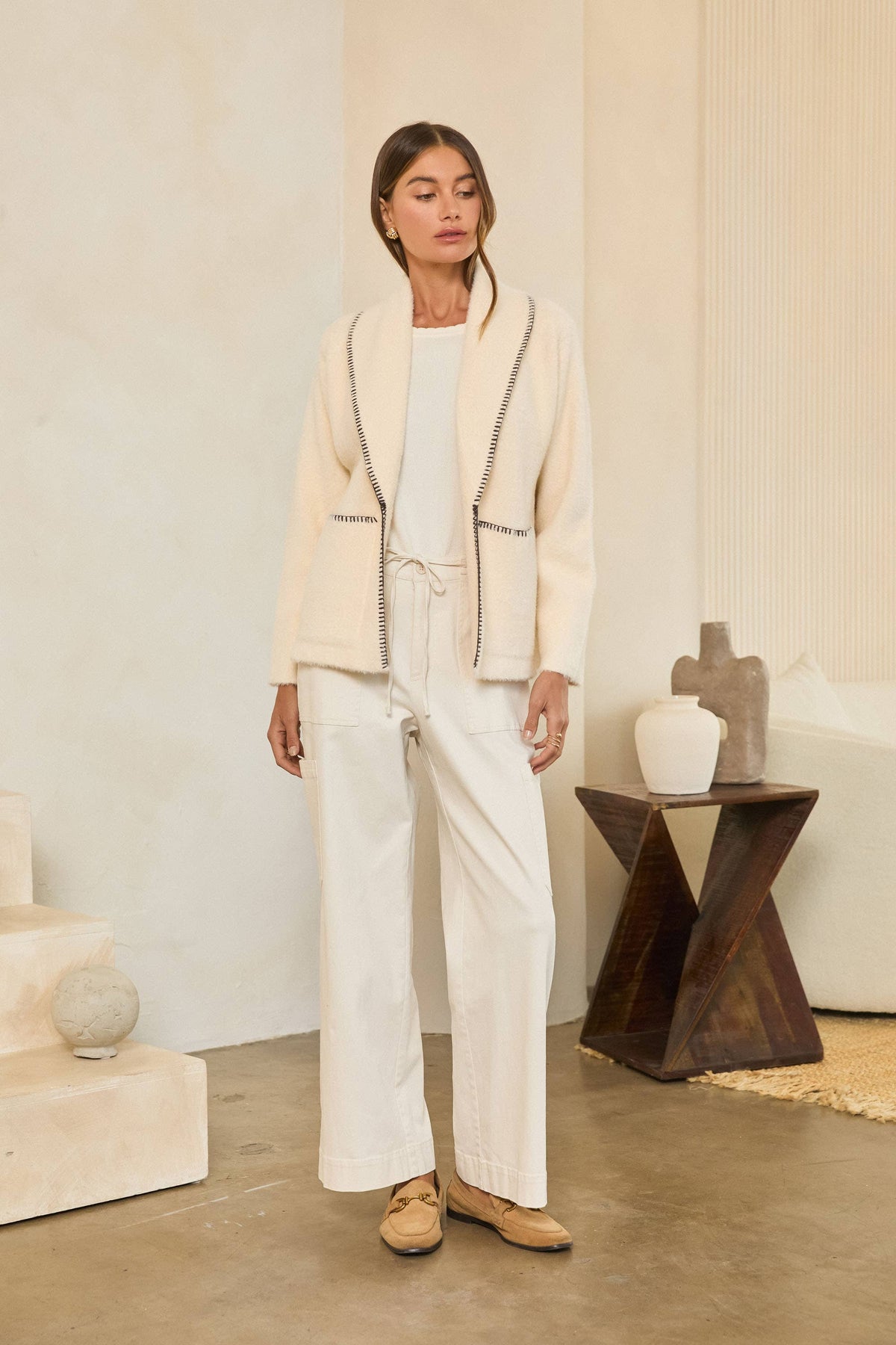 Blanket Stitch Open-Front Knit Cardigan Jacket