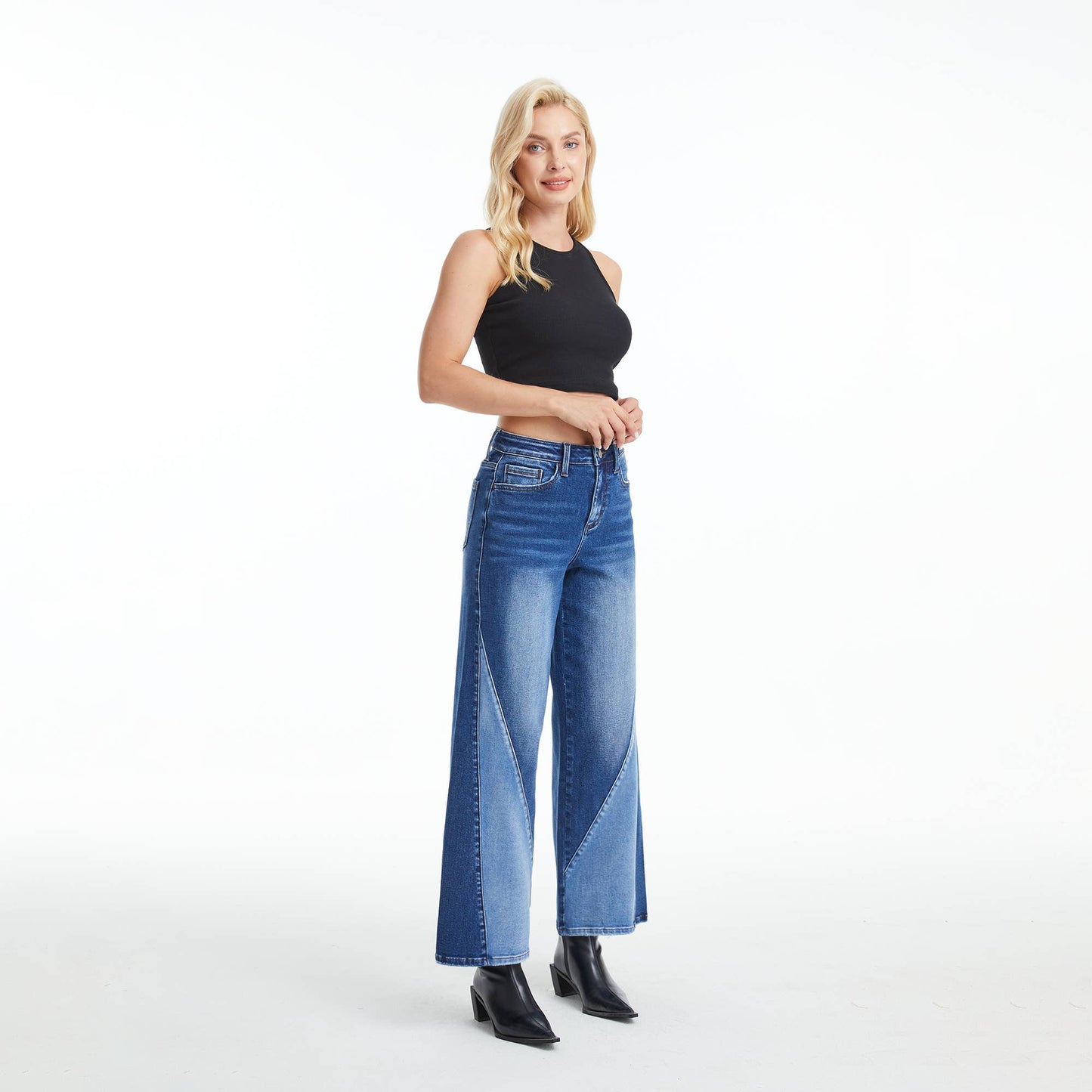High Rise Two-Tone Wide Leg Jeans
