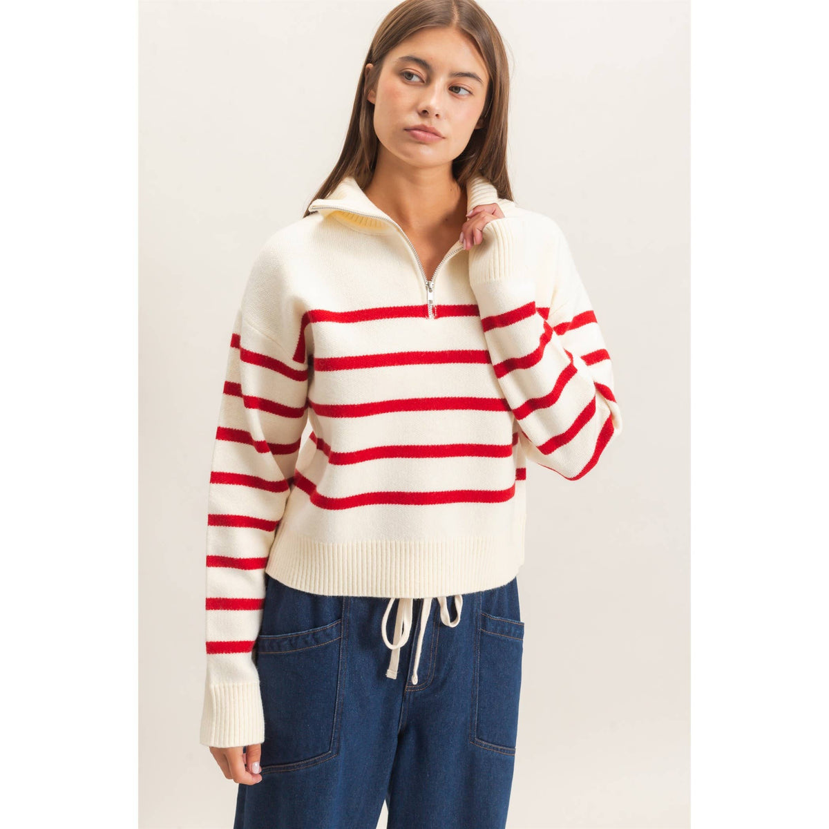 Half-Zip Collared Stripe Sweater