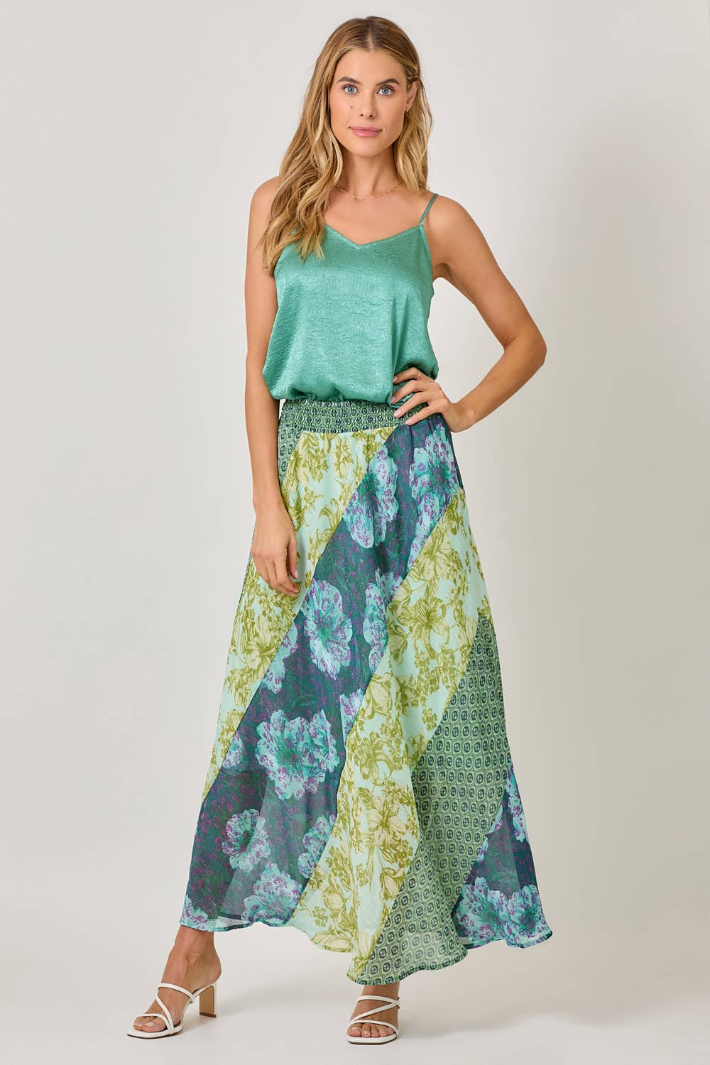 Mixed Print Flowy Midi Skirt - Green