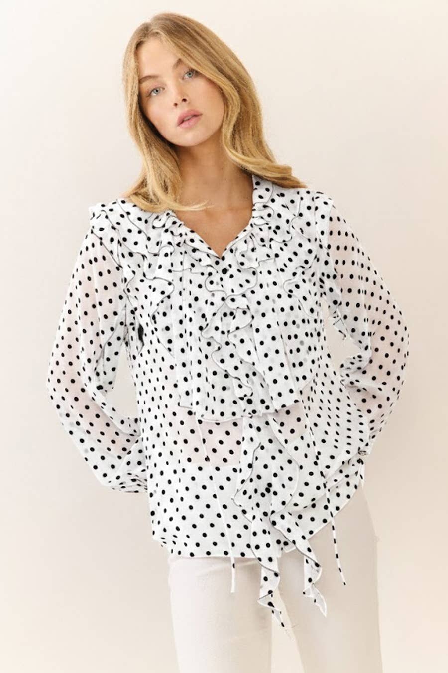 White ruffle blouse with black micro polka dots and sheer sleeves
