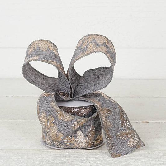 R32927-Wired Ribbon-Gray Burlap with pinecones (2.5inW)