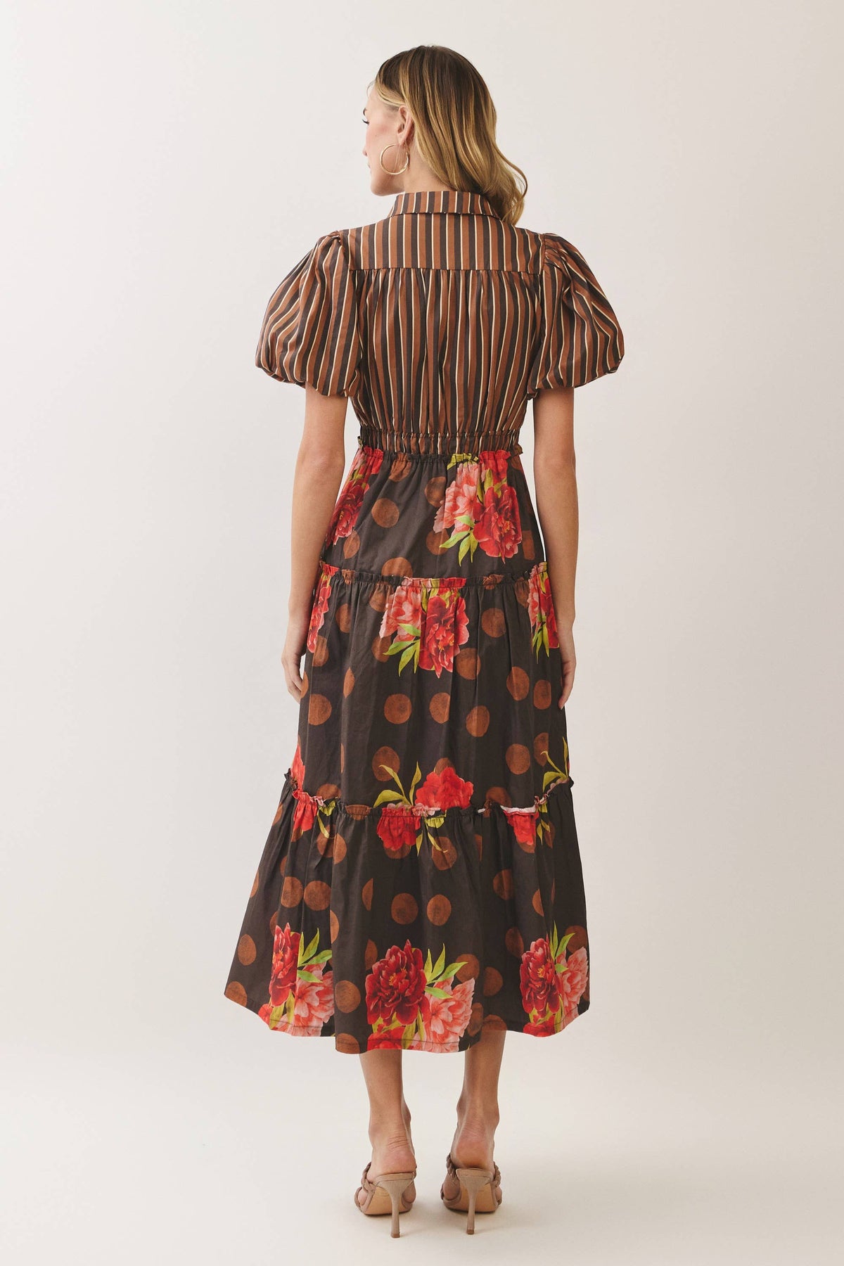 Mixed Print Puff Sleeve Tiered Midi Dress