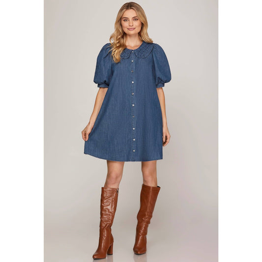 Washed Denim Short Puff Sleeve Dress