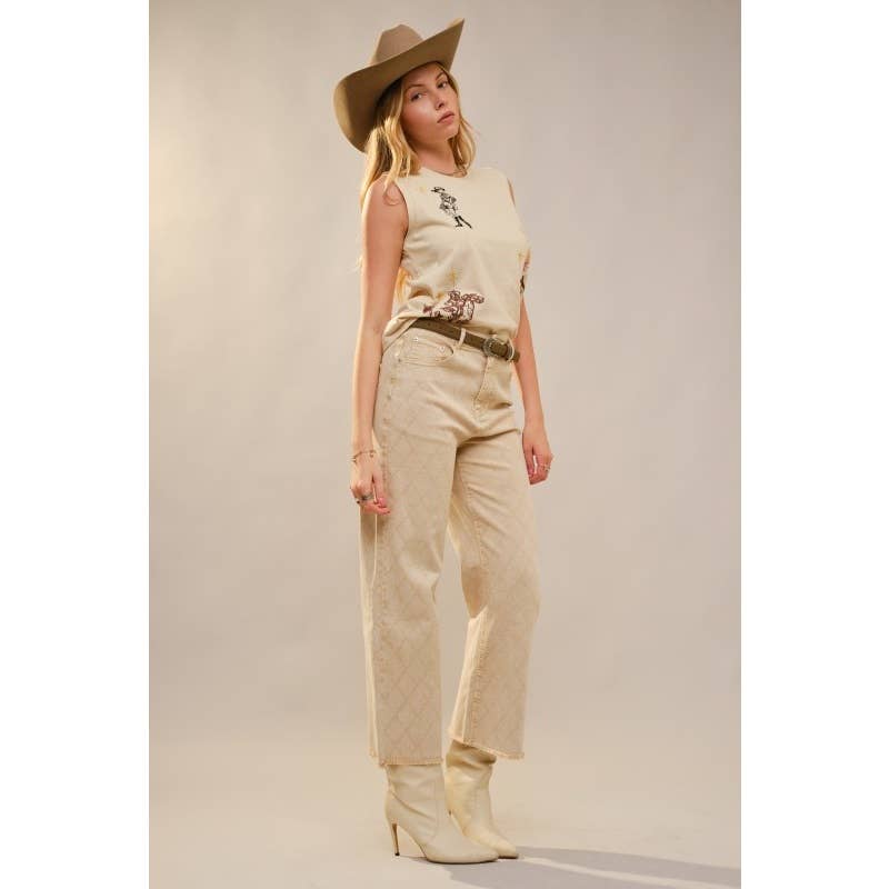 Sleeveless crew neck top with embroidered