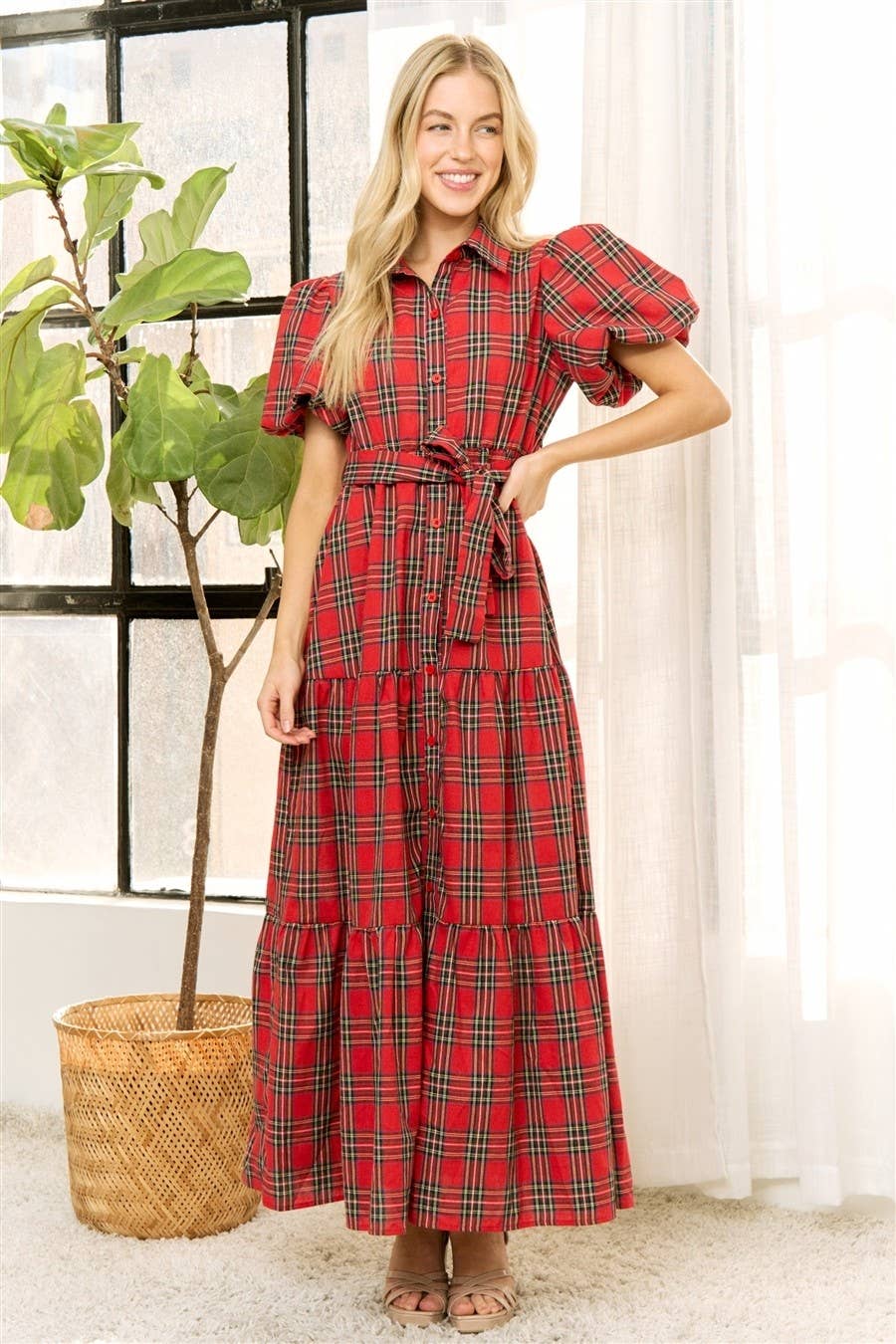 HOLIDAY PLAID SHIRT TIERED MAXI DRESS