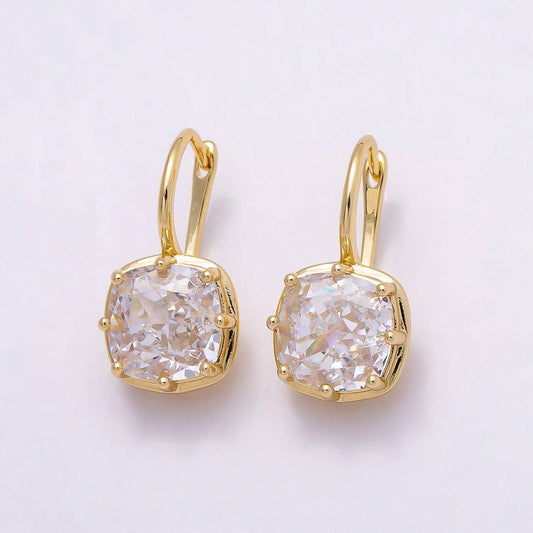 Clear CZ Prong Rounded Square Drop Hoop