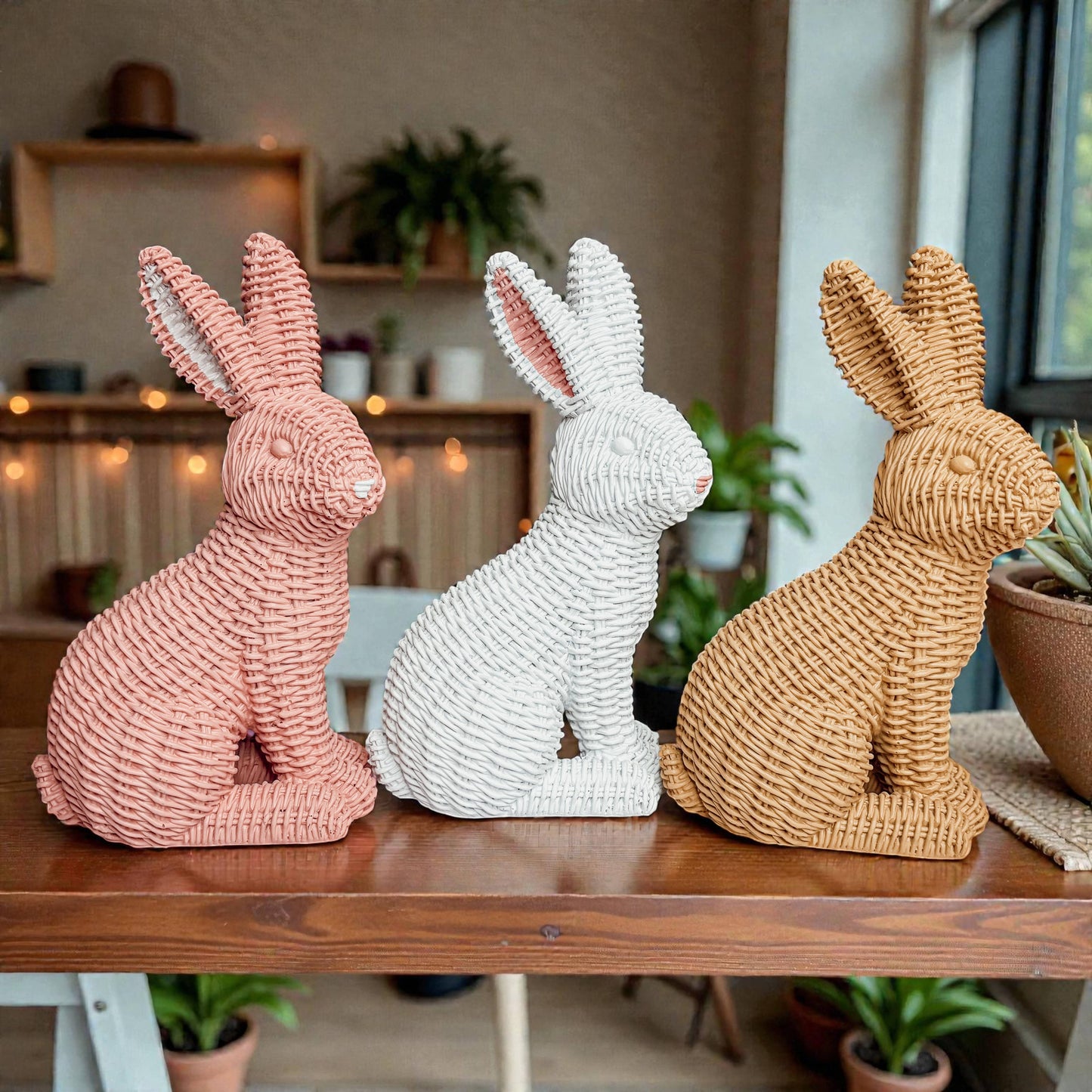 Rabbit Statue Wicker Weave Bunnies, Easter Bunny Home Decor