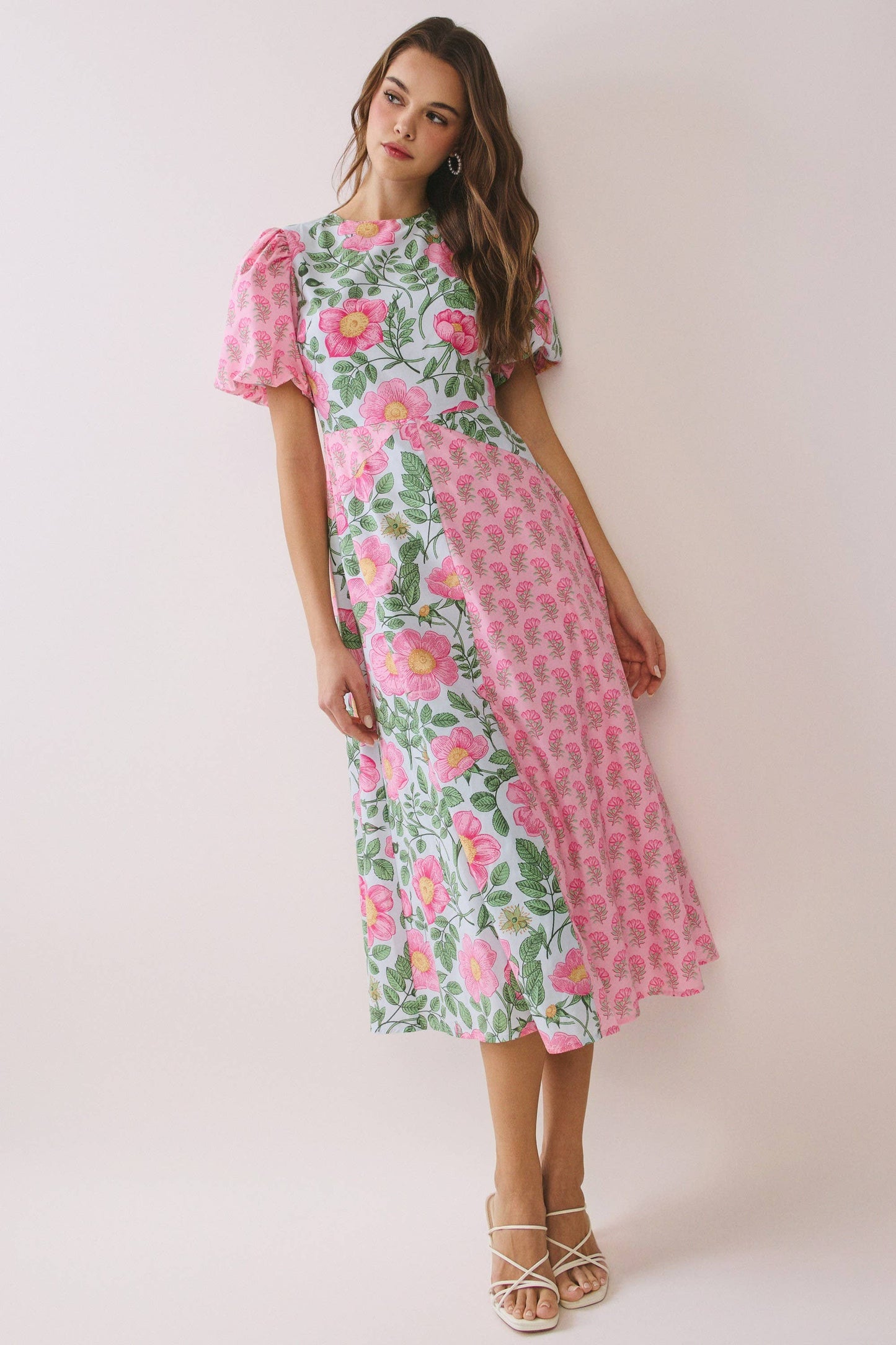 LAST CHANCE - Bold Mixed Floral Pattern Design Midi Dress - Pink