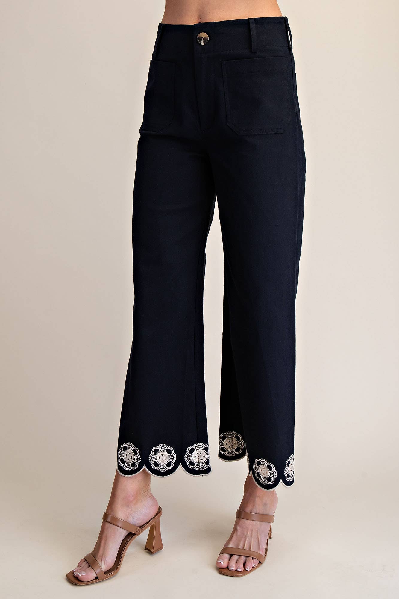 Embroidered Scallop Hem Wide Leg Pants - Navy