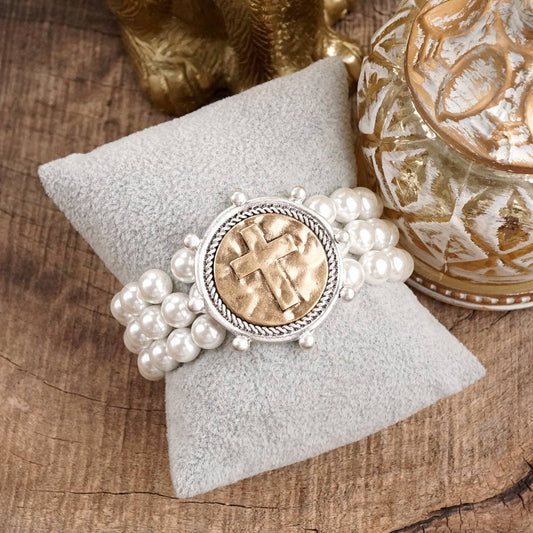 Gracebound – Cross Coin & Chunky Pearl 3-in-1 Statement Bracelet in Mixed Metals