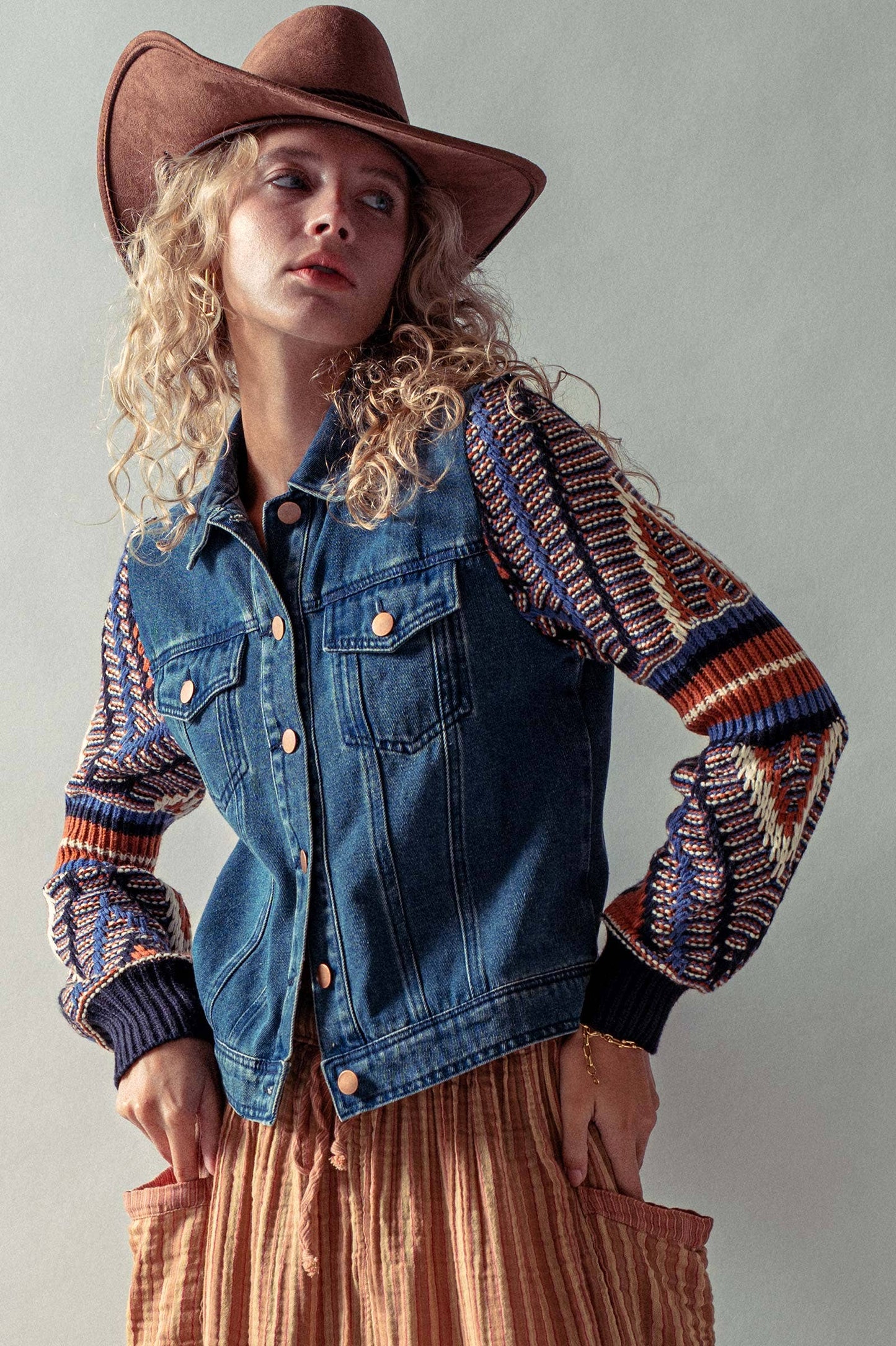 Denim Jacket with Knit Sleeves