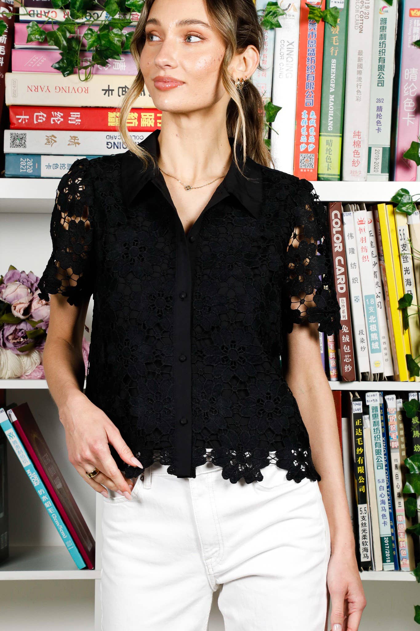 Hollow Out Eyelet Lace Collared Neck Blouse