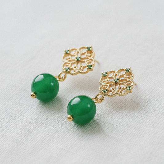 Filigree Green Agate and Zircon Earrings