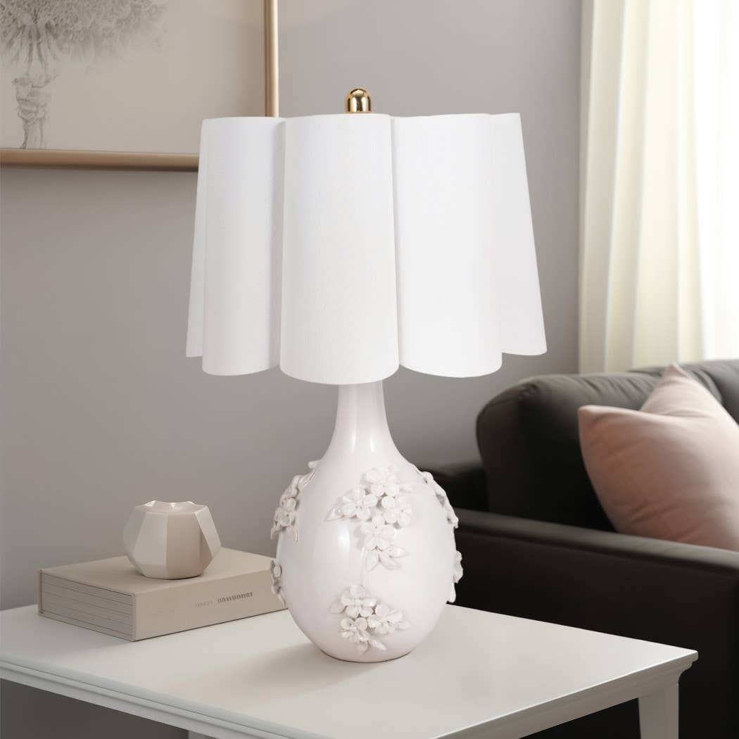Ivory 25 in. Ceramic Floral Applique Table Lamp