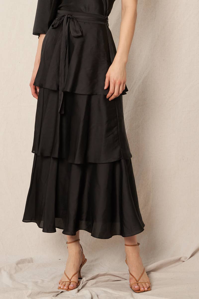 Belted Satin Tiered Midi Skirt - Black