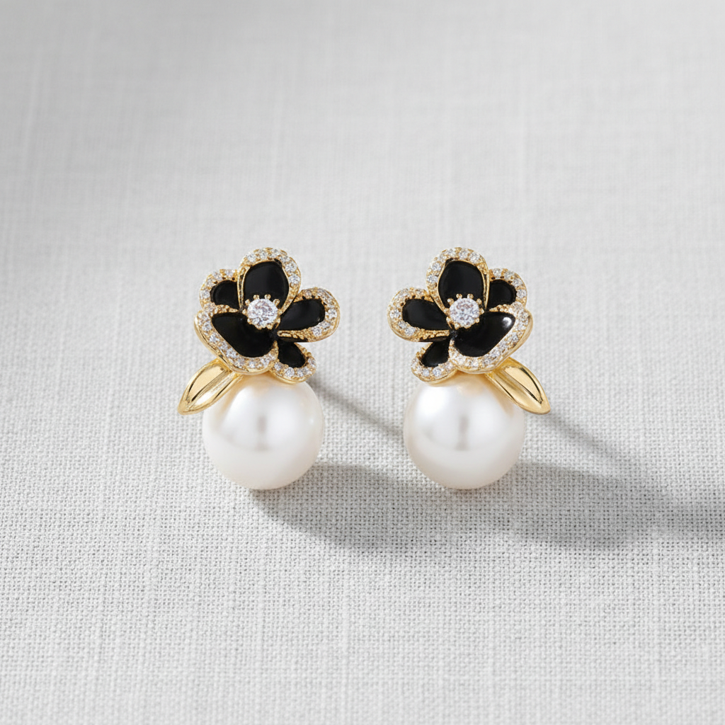 Black Rose Pearl Zircon Earrings