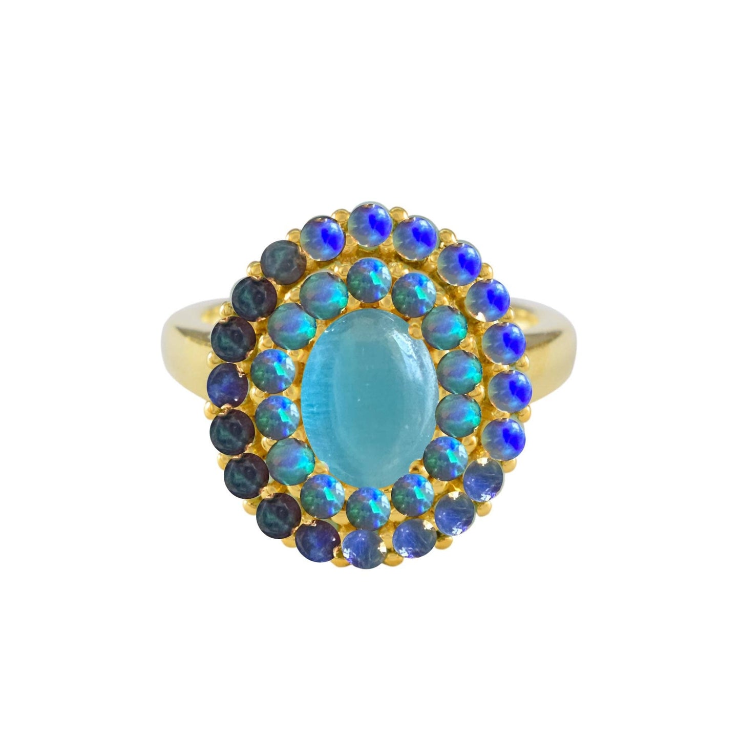 Blue Cats Eye Opal Ombre Vintage Crown Ring