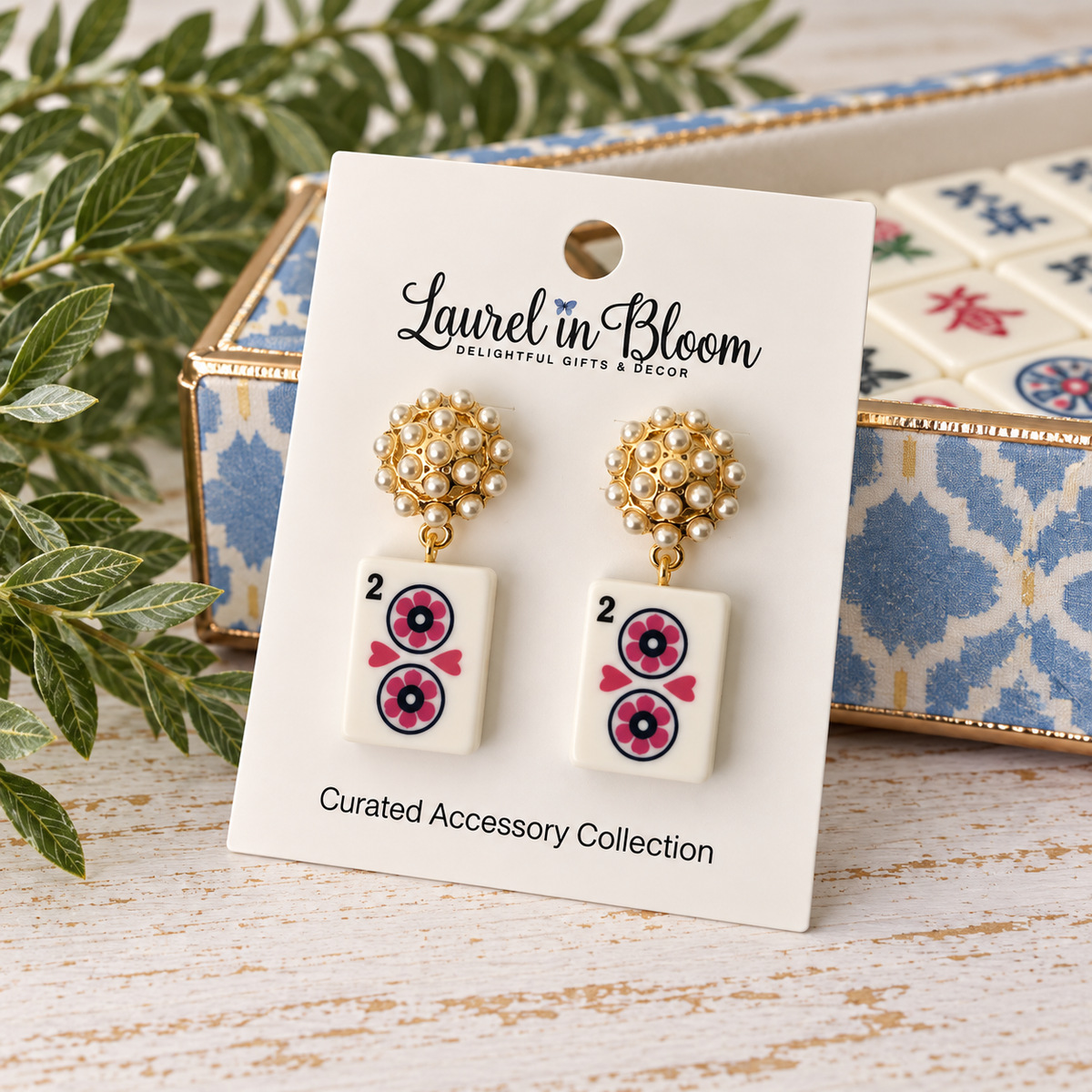 Lucky Tile Pearl Mahjong Drop Earrings