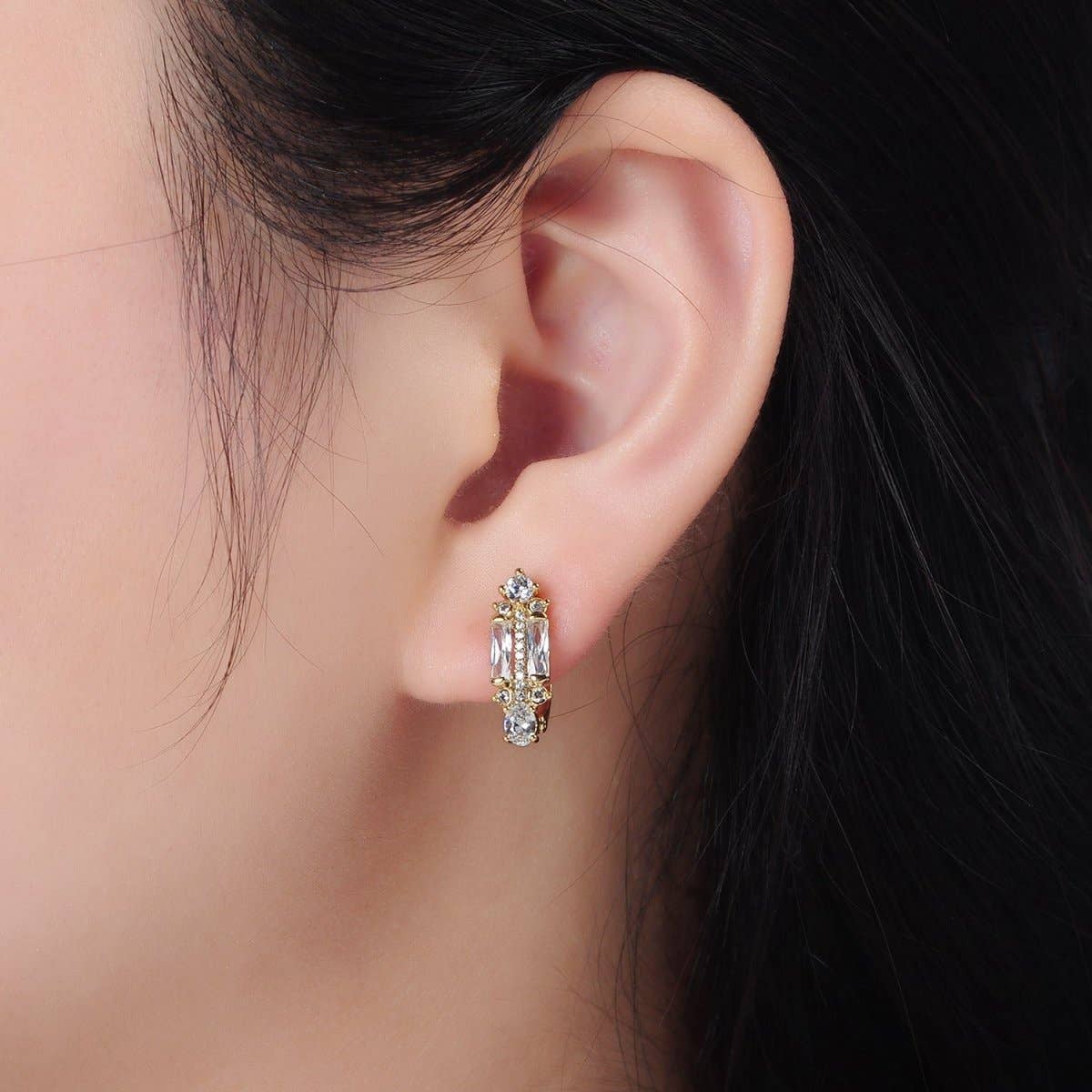 14K Gold Filled CZ Micro Paved Baguette English Lock Earrings