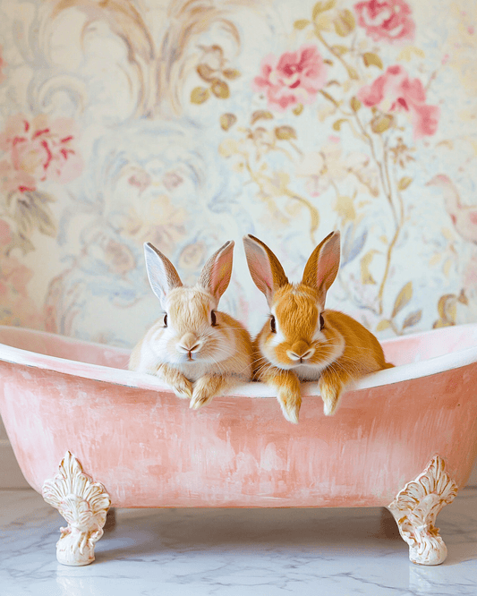 Baby Bunnies in Antique Bathtub - Bathroom Wall Art Prints – 8″x10″ Artwork for 11″x14″ Frame