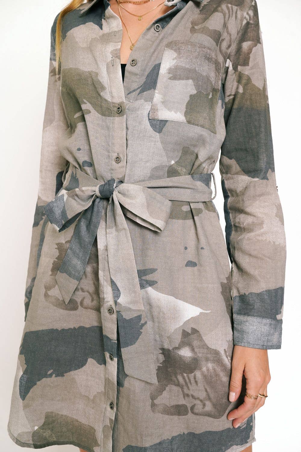 Grey Camo Tie Waist Shirt Dress with Pockets & Button Front | Denim & Design S / Grey Camo Grey Camo Tie Waist Shirt Dress with Pockets & Button Front | Denim & Design S / Grey Camo