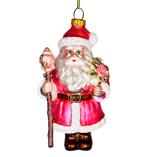 Pink Santa with Sceptor and Flowers Glass Christmas Ornament