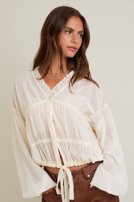 LONG SLEEVES BLOUSE TOP WITH RUFFLE DETAIL ON NECKLINE
