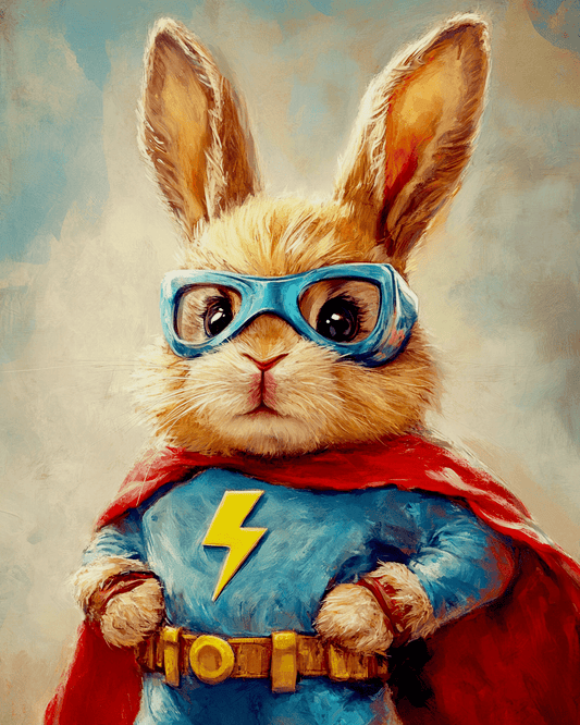 Super Bunny to the Rescue - P 8″x10″ Artwork in 11″x14″ Antique White Ornate Frame