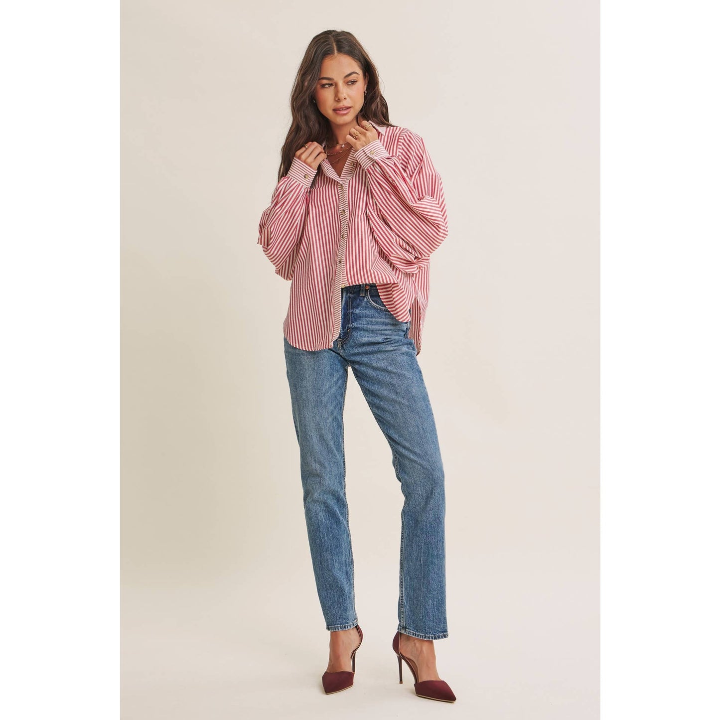 FRENCH CAFE EFFORTLESS DRAPE BATWING BUTTON-DOWN SHIRT