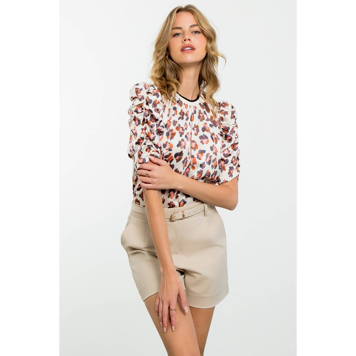 Ruched Sleeve Print Top