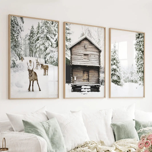 Winter Landscape Wall Art Print. Deer, Log Cabin, Forest